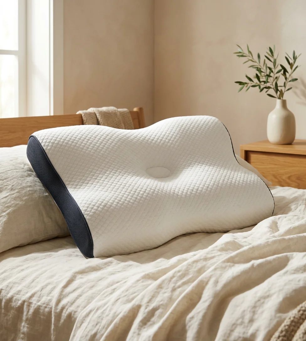 Illustrative white contoured pillow on soft linen in a sunlit bedroom